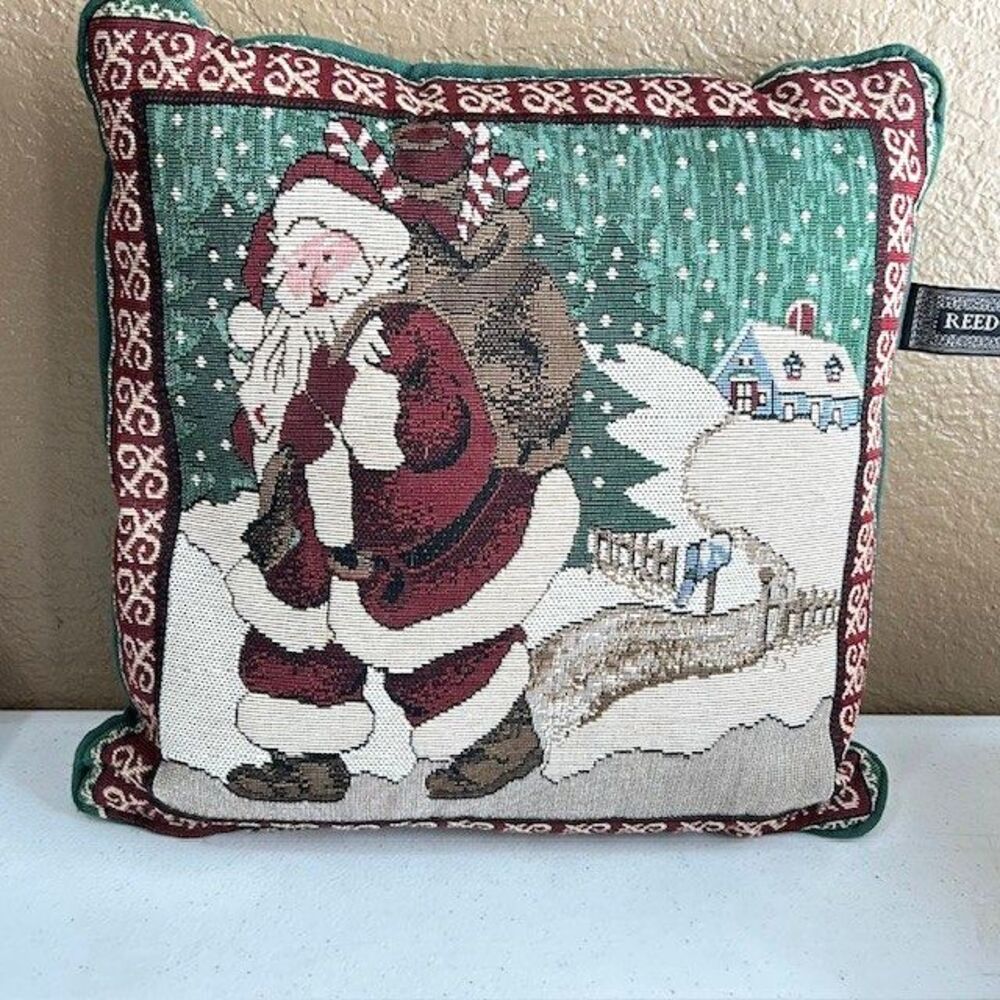 Vintage Double Sided Reed Christmas Santa Tapestry Pillow 12" x 12" Toy Bag Snow